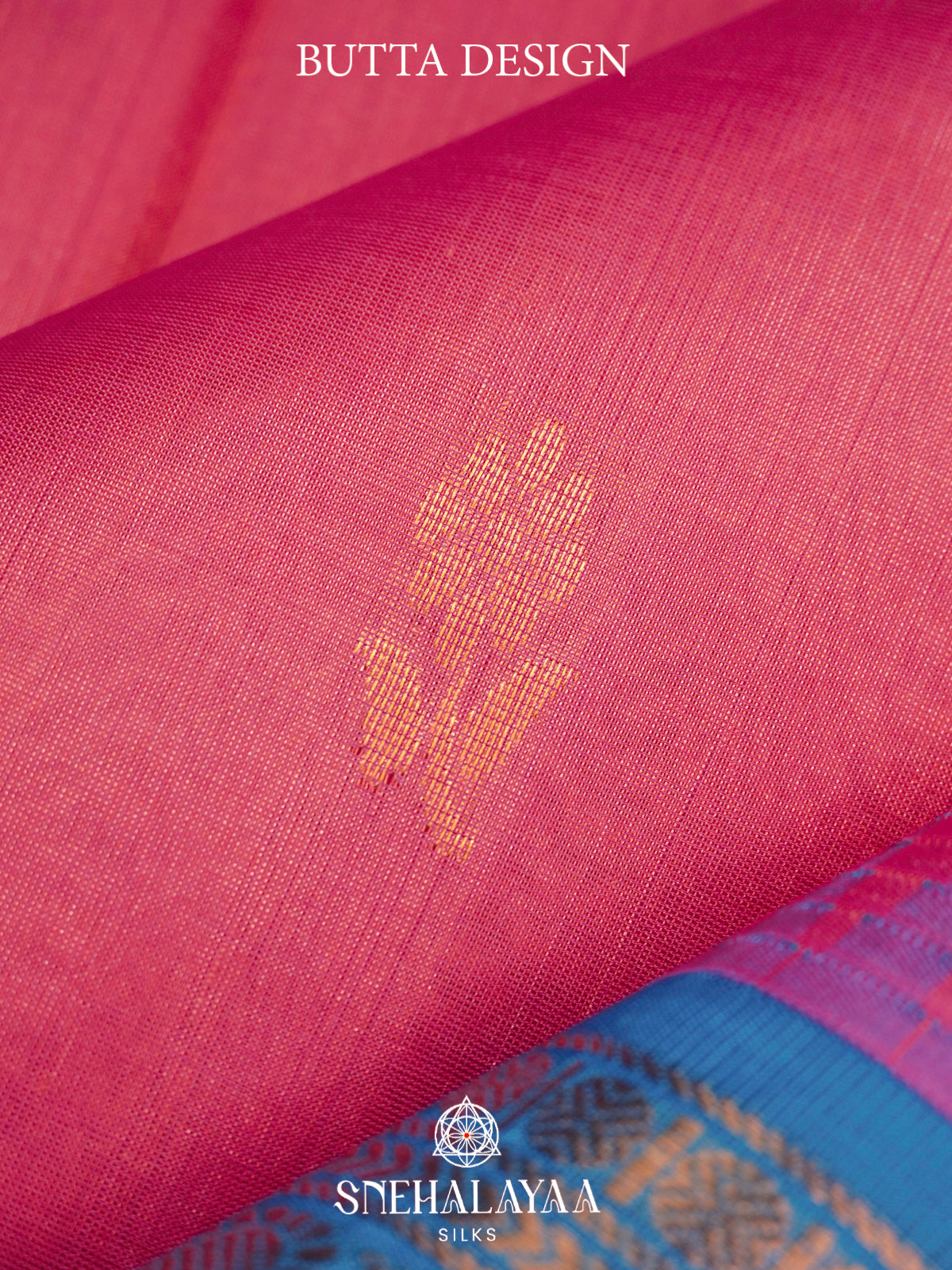 Pink Kanchi Silk Cotton Saree with Gold Zari Buttas & Contrast Blue Border