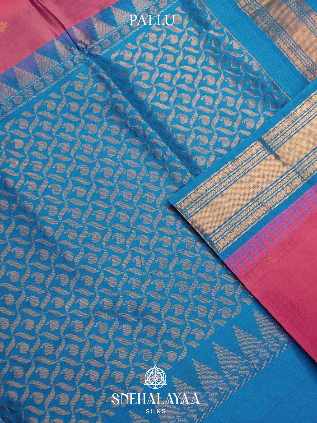 Pink Kanchi Silk Cotton Saree with Gold Zari Buttas & Contrast Blue Border