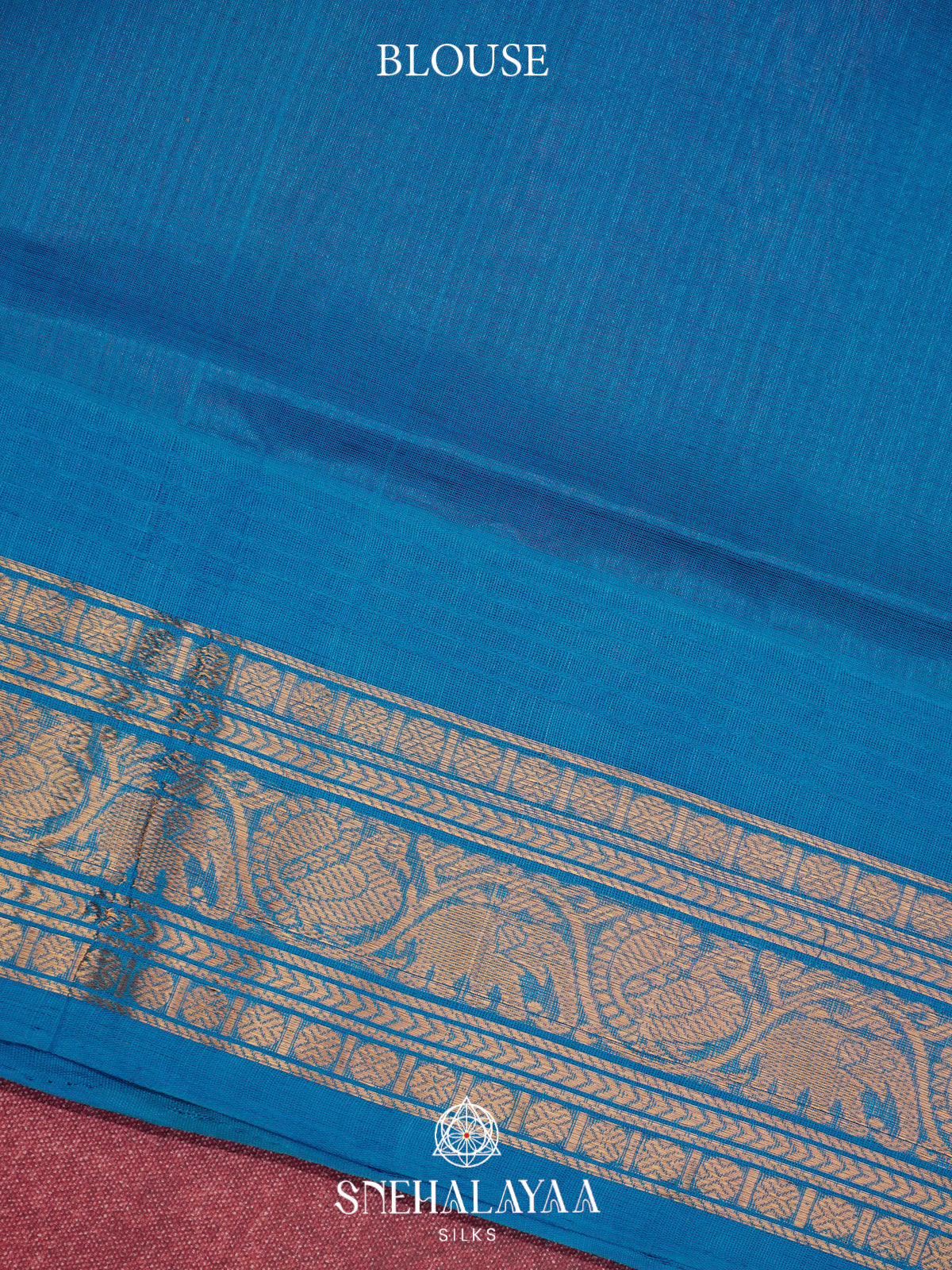 Pink Kanchi Silk Cotton Saree with Gold Zari Buttas & Contrast Blue Border