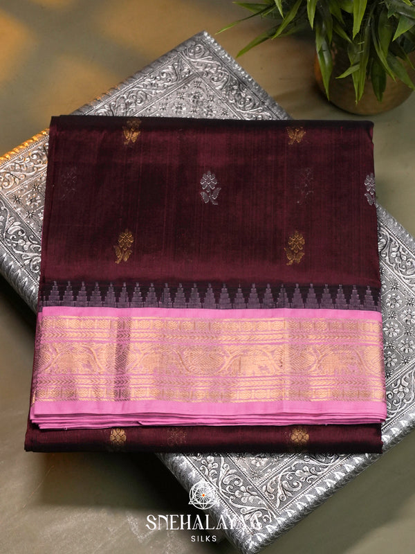 Burgundy Kanchi Silk Cotton Saree with Gold Zari Buttas & Contrast Pink Border