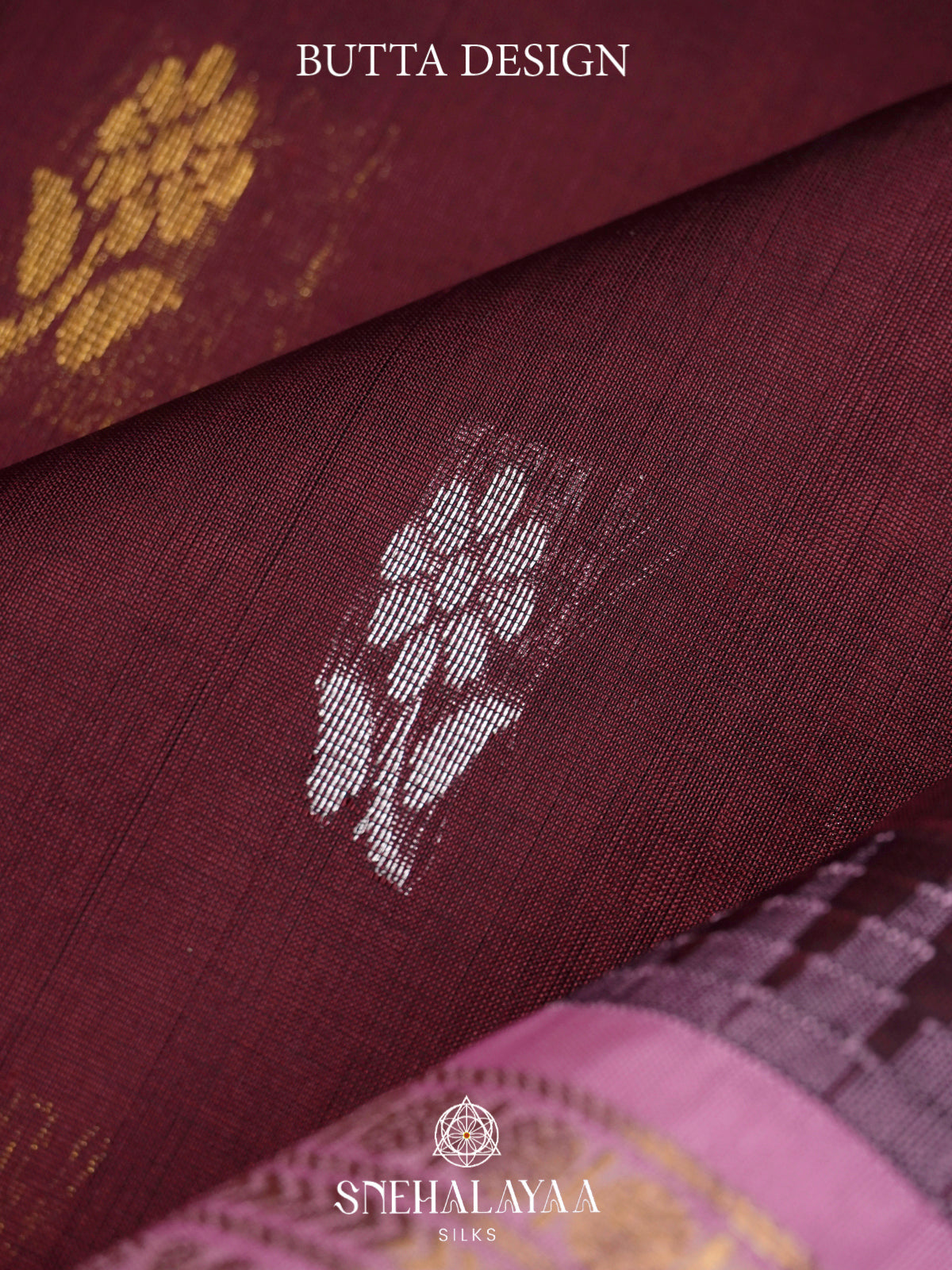 Burgundy Kanchi Silk Cotton Saree with Gold Zari Buttas & Contrast Pink Border