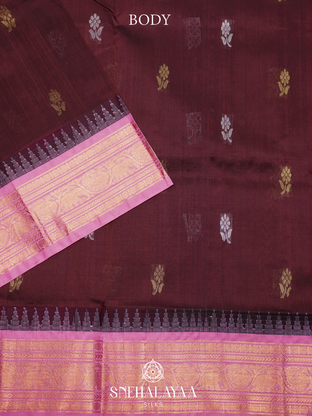 Burgundy Kanchi Silk Cotton Saree with Gold Zari Buttas & Contrast Pink Border
