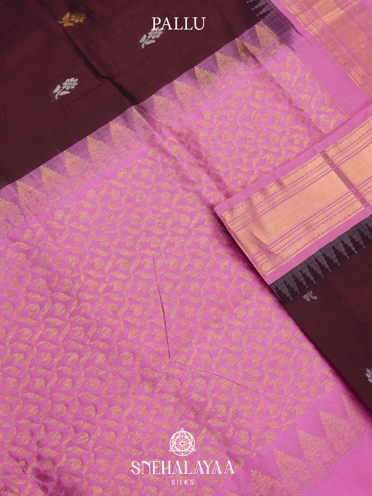 Burgundy Kanchi Silk Cotton Saree with Gold Zari Buttas & Contrast Pink Border