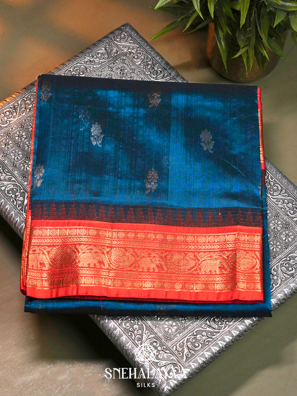 Teal-Blue Kanchi Silk Cotton Saree with Gold Zari Buttas & Contrast Orange Border