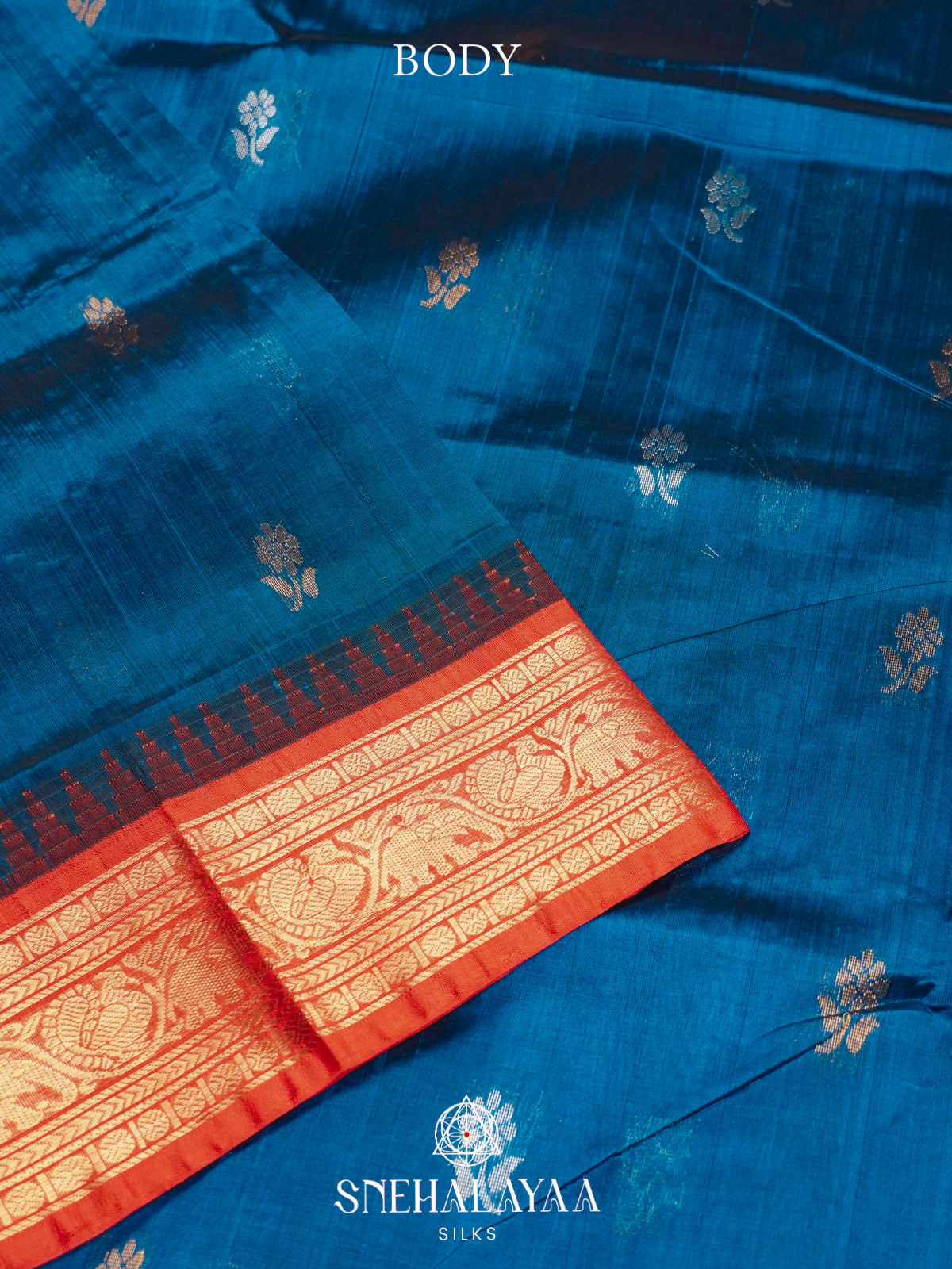Teal-Blue Kanchi Silk Cotton Saree with Gold Zari Buttas & Contrast Orange Border