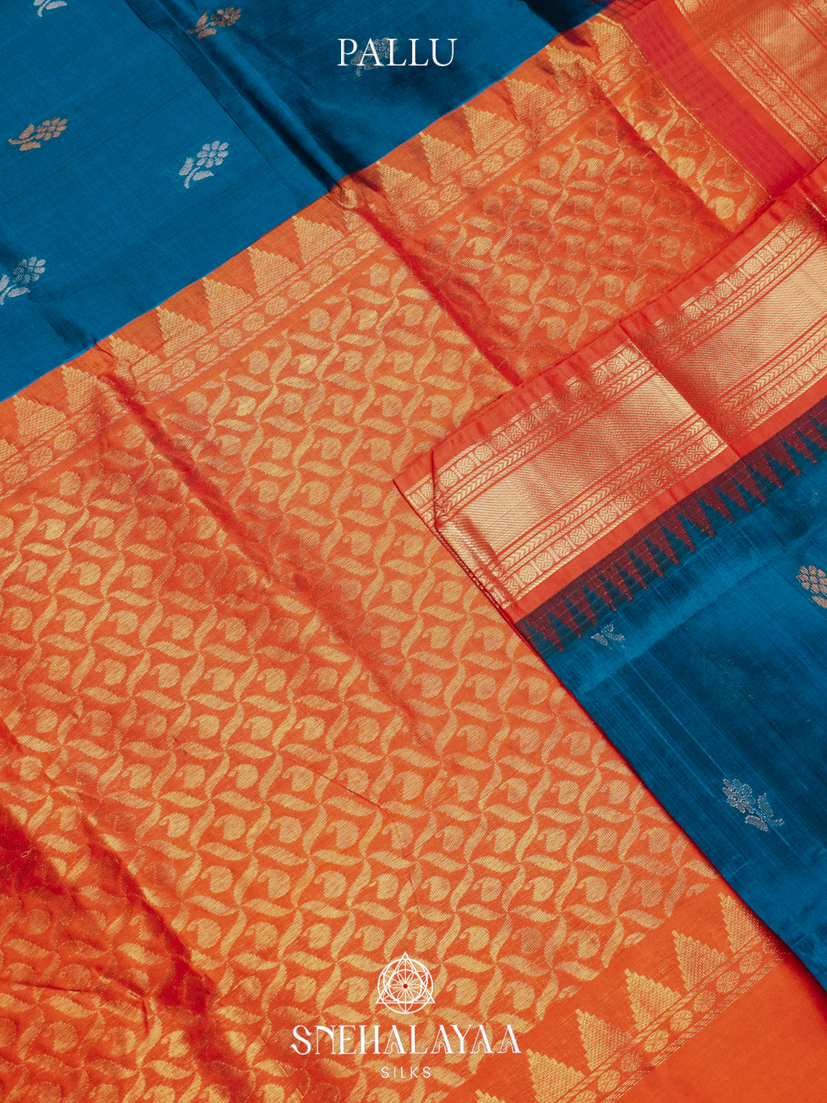 Teal-Blue Kanchi Silk Cotton Saree with Gold Zari Buttas & Contrast Orange Border