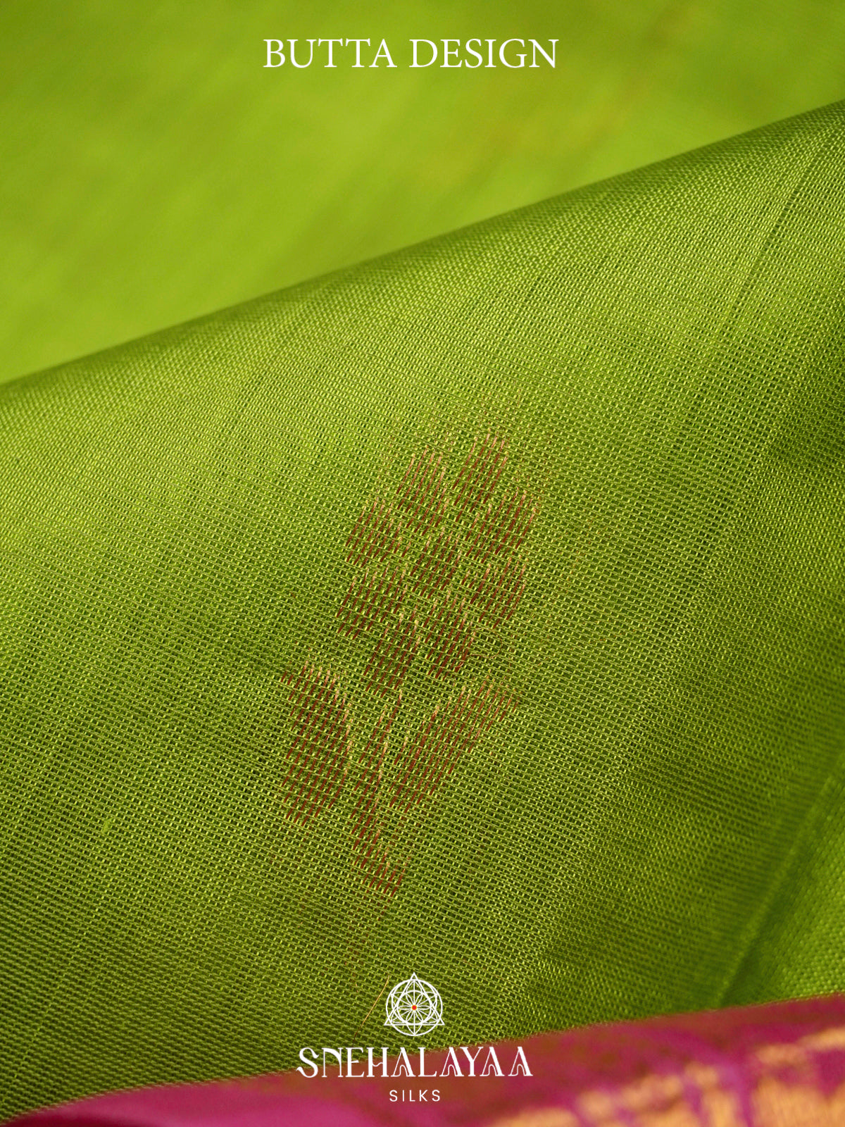 Lime-Green Kanchi Silk Cotton Saree with Gold Zari Buttas & Contrast Pink Border