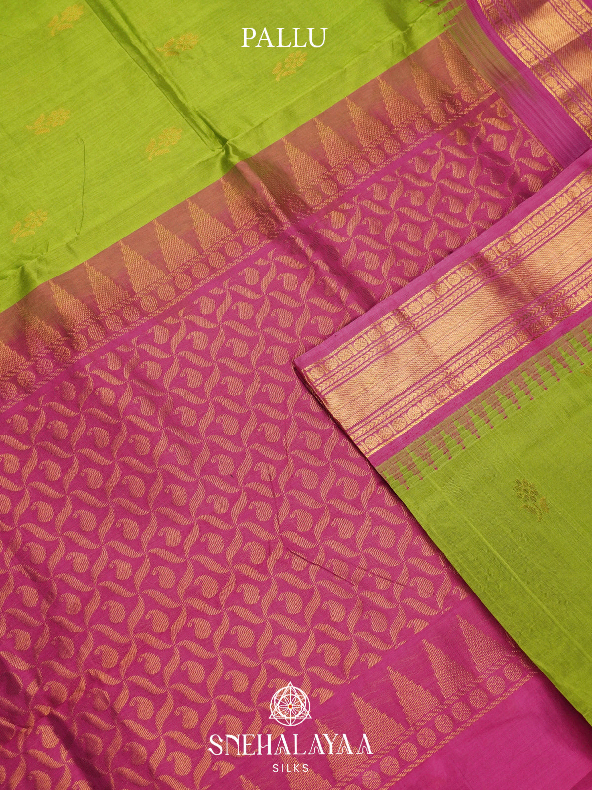 Lime-Green Kanchi Silk Cotton Saree with Gold Zari Buttas & Contrast Pink Border