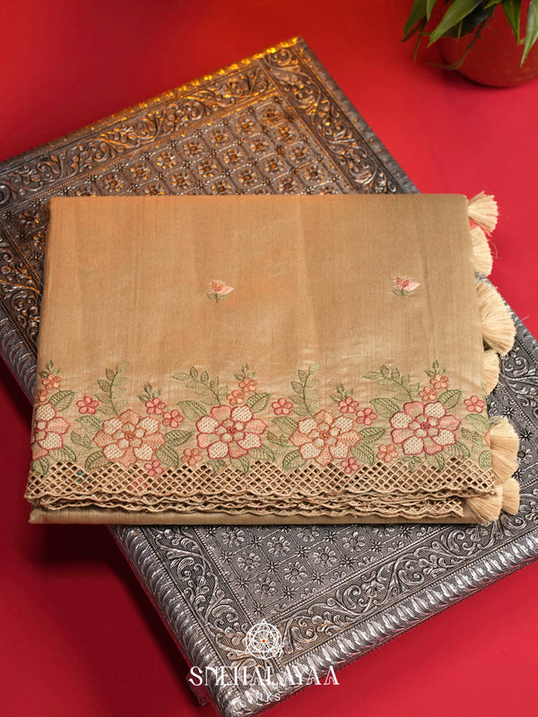 Beige Raw Silk Embroidery Saree