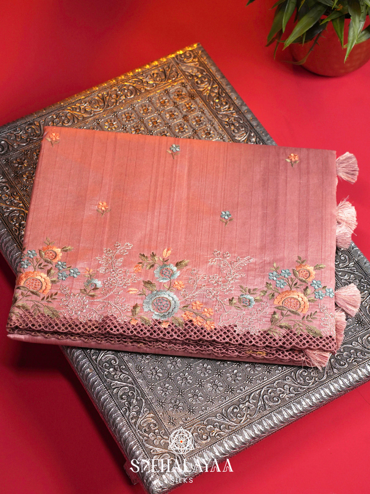 Peach Raw Silk Embroidery Saree