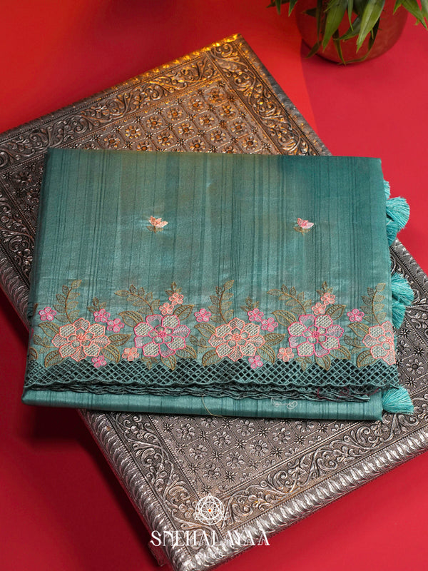 Teal Raw Silk Embroidery Saree