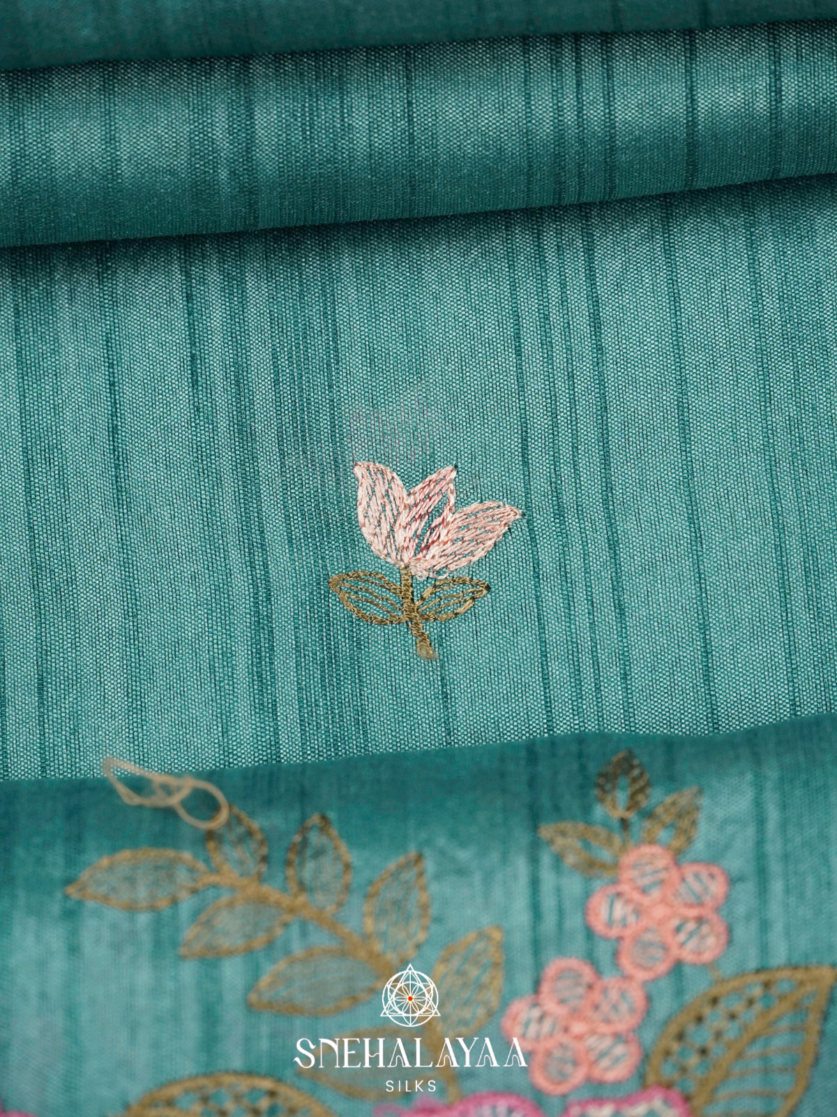 Teal Raw Silk Embroidery Saree