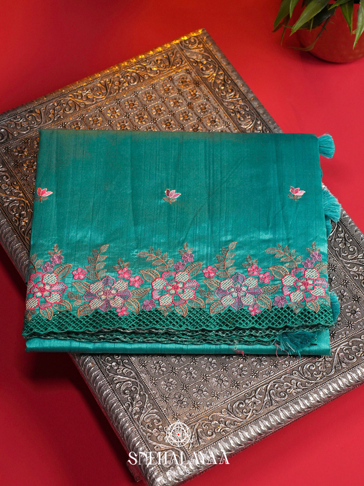 Teal Blue Raw Silk Embroidery Saree