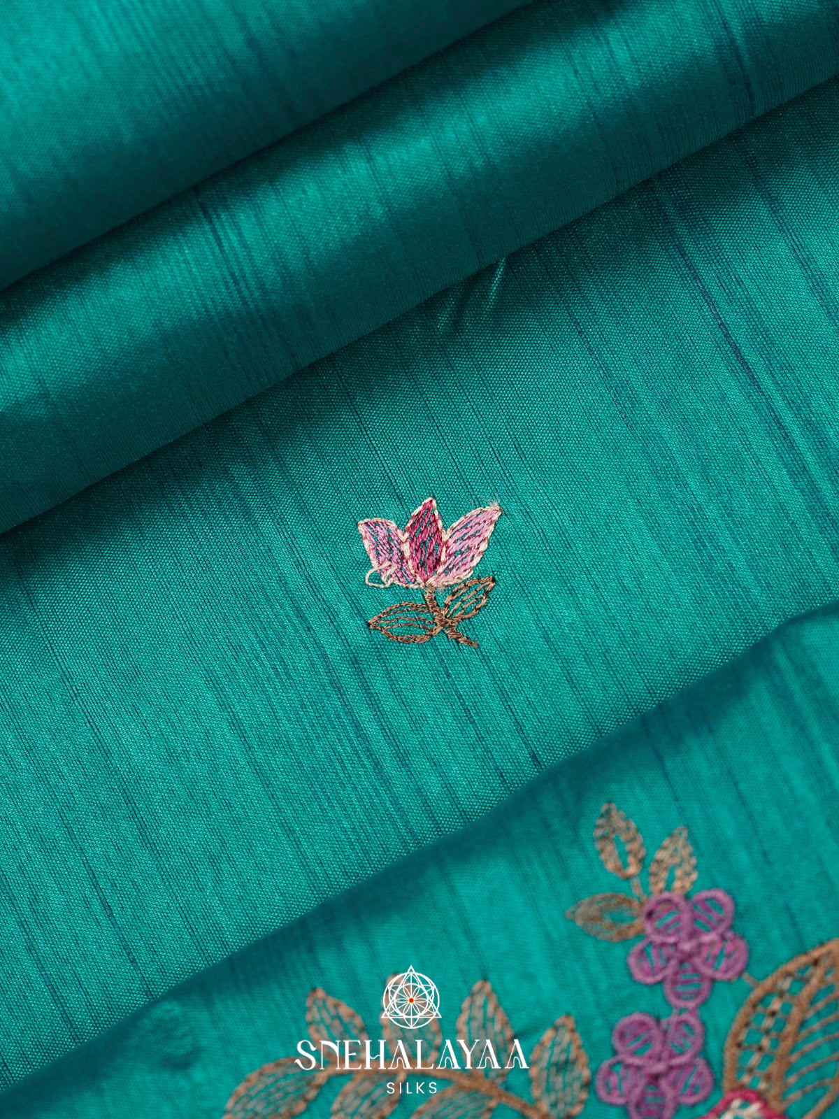Teal Blue Raw Silk Embroidery Saree