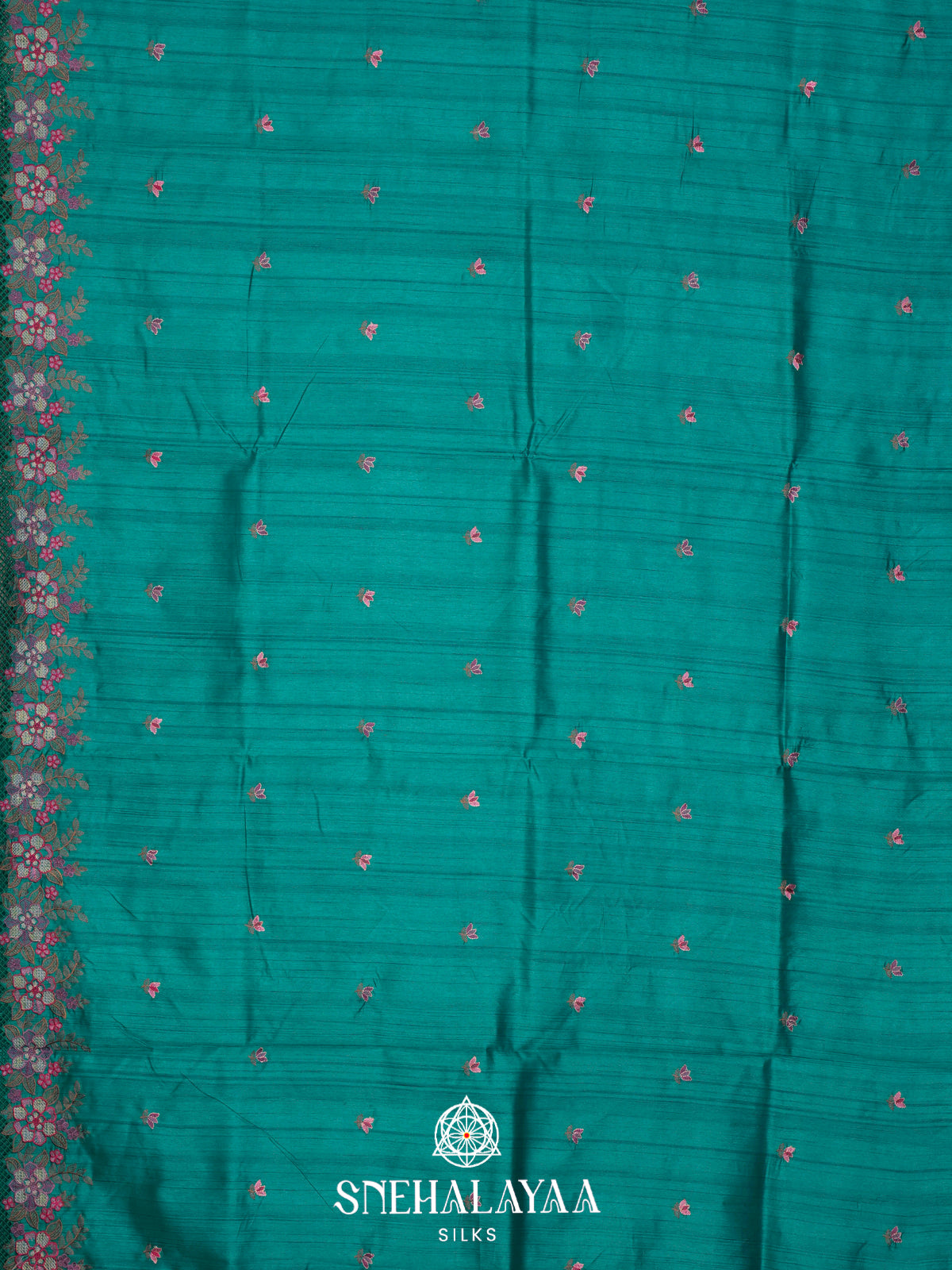 Teal Blue Raw Silk Embroidery Saree