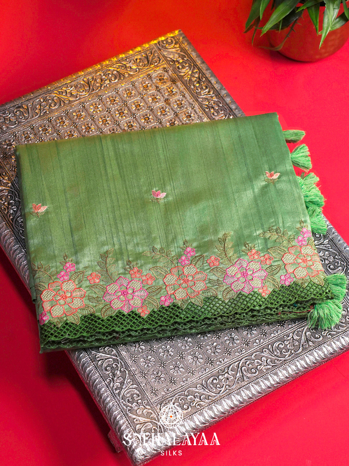 Sage Green Raw Silk Embroidery Saree