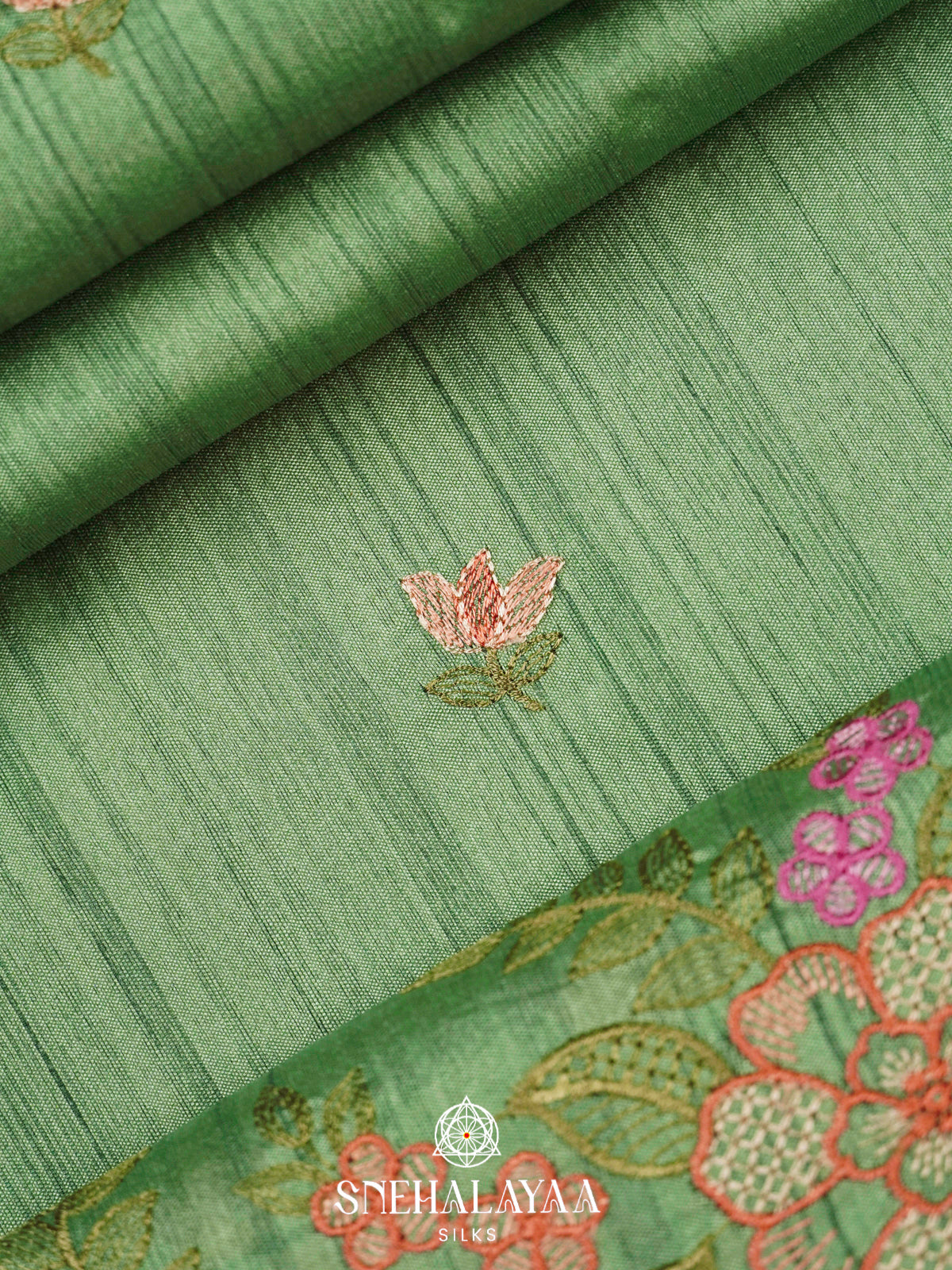 Sage Green Raw Silk Embroidery Saree