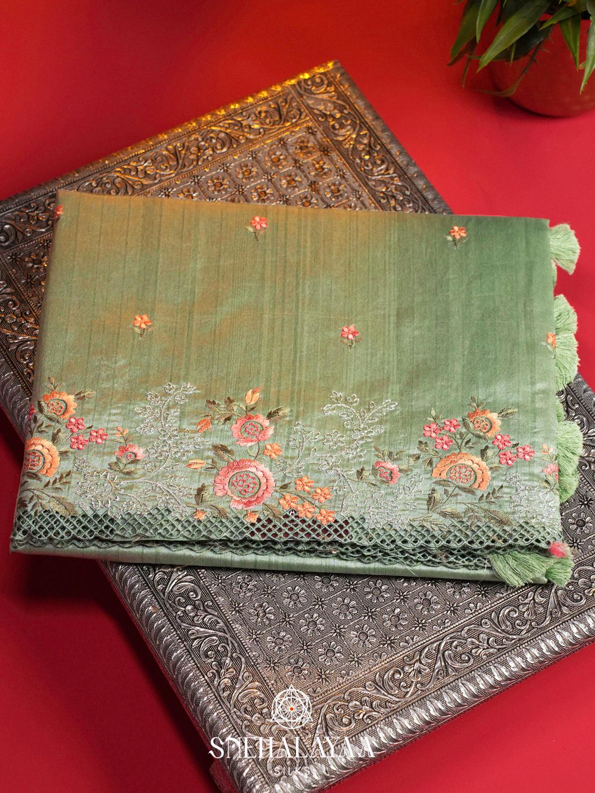 Mint Green Raw Silk Embroidery Saree