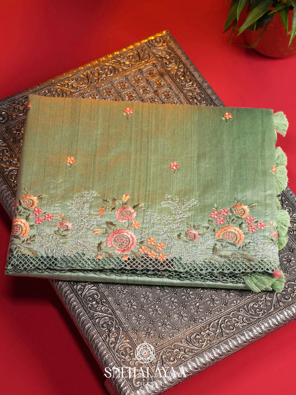 Mint Green Raw Silk Embroidery Saree