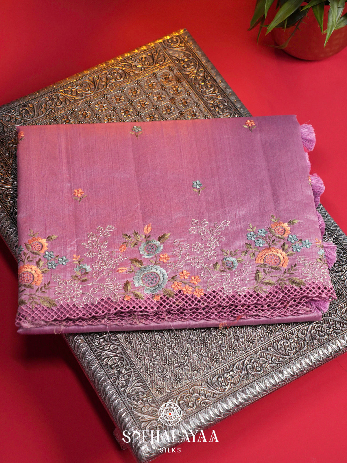 Pink Raw Silk Embroidery Saree
