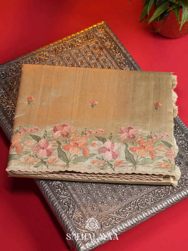 Beige Raw Silk Embroidery Saree