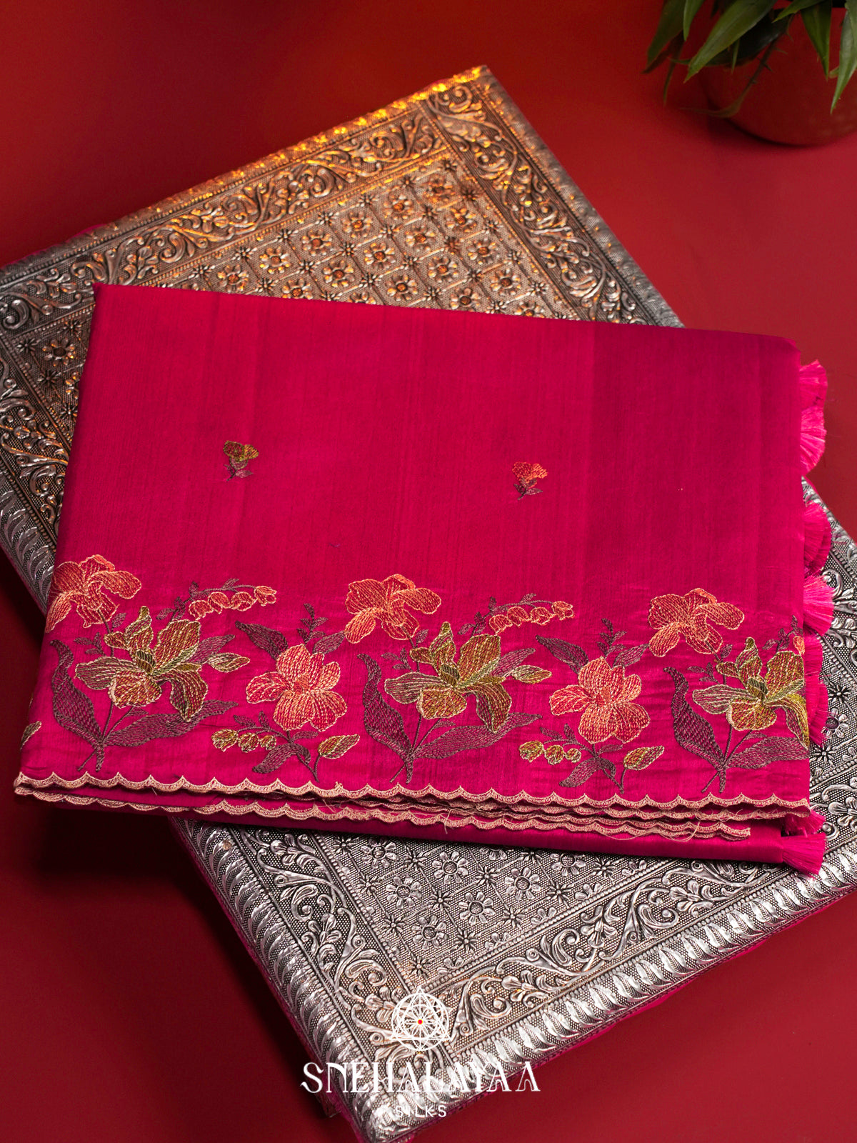 Rani Pink Raw Silk Embroidery Saree
