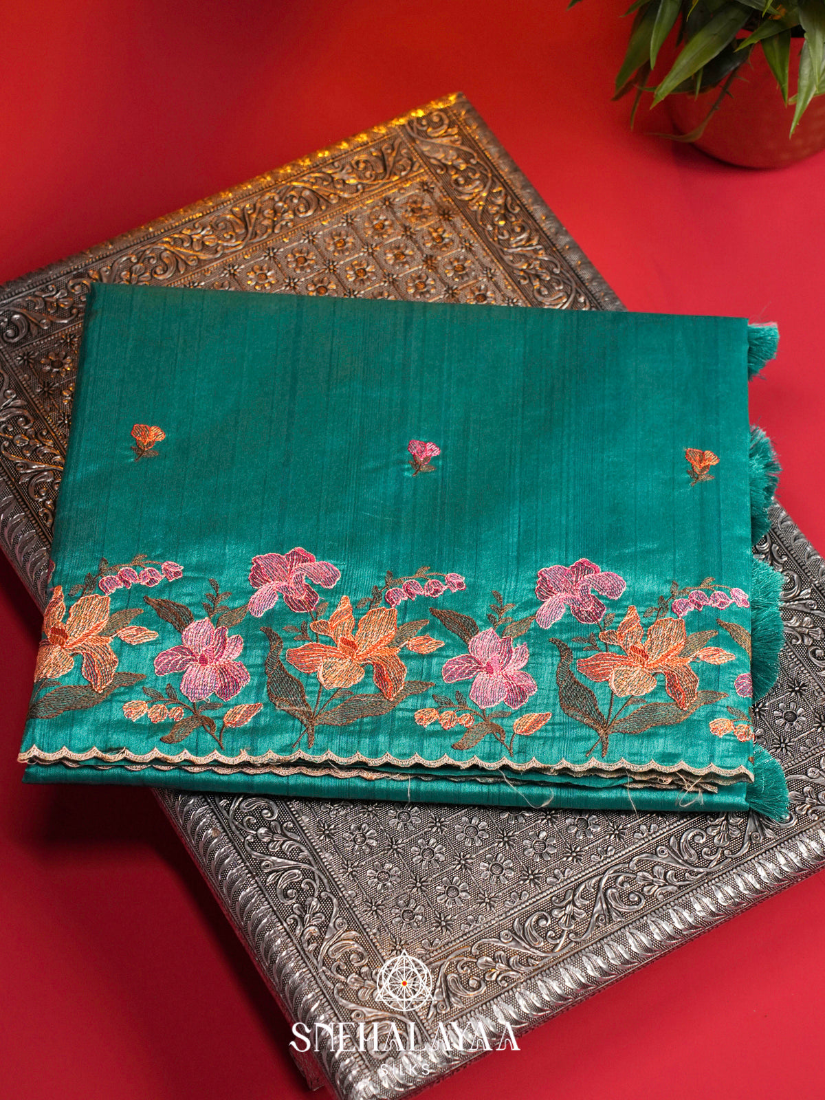 Teal Blue Raw Silk Embroidery Saree
