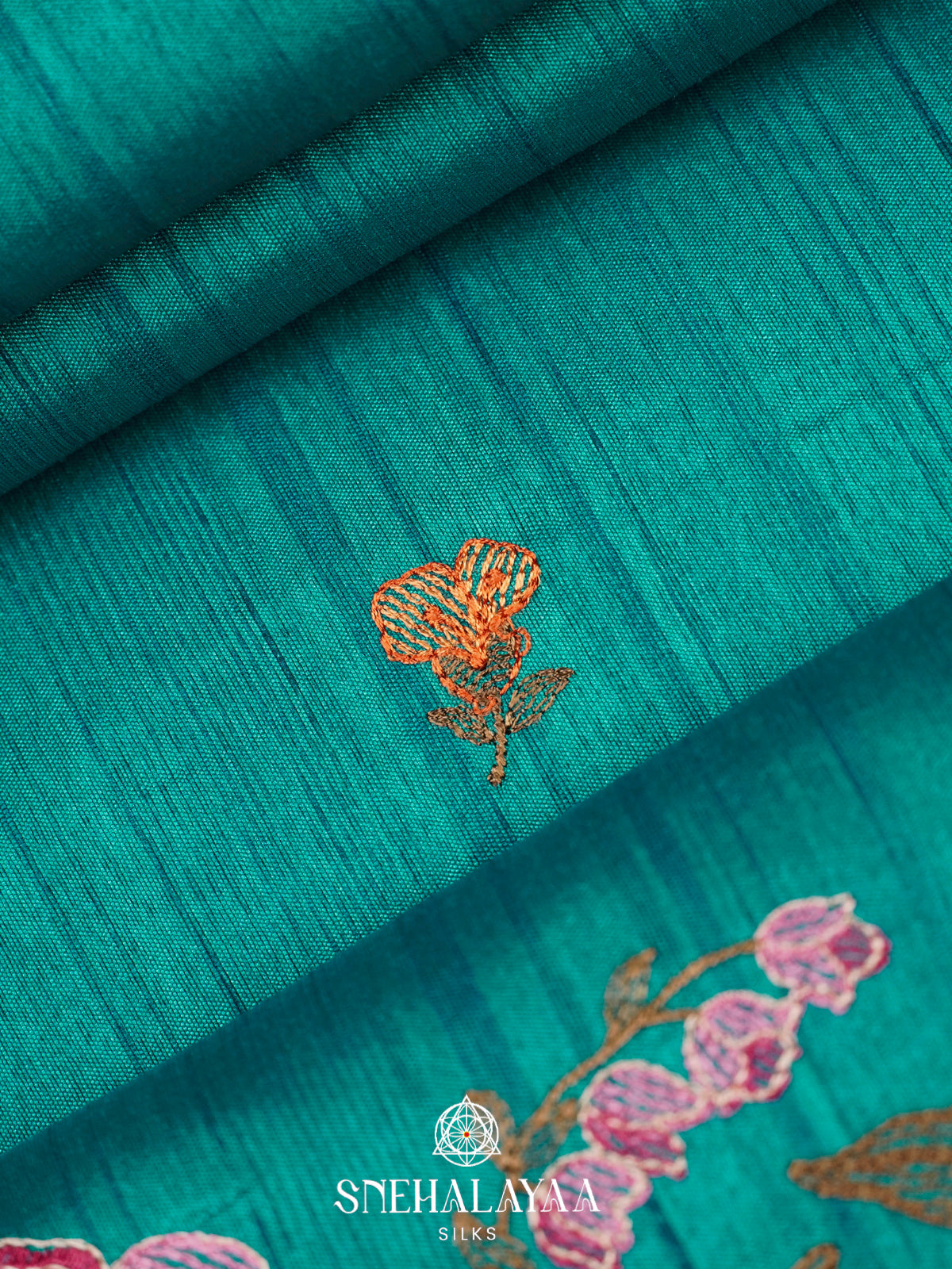 Teal Blue Raw Silk Embroidery Saree