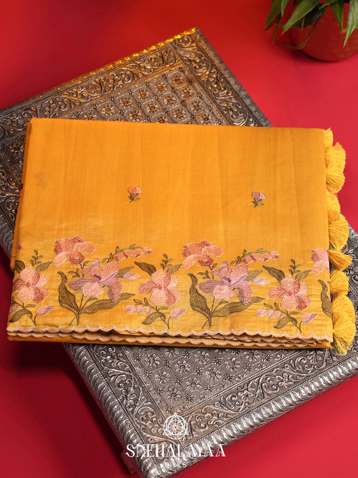 Yellow Raw Silk Embroidery Saree