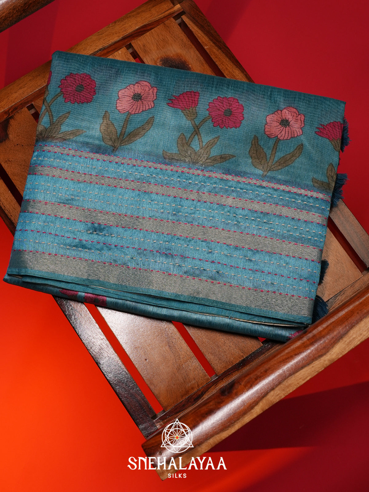 Teal Blue Tussar saree