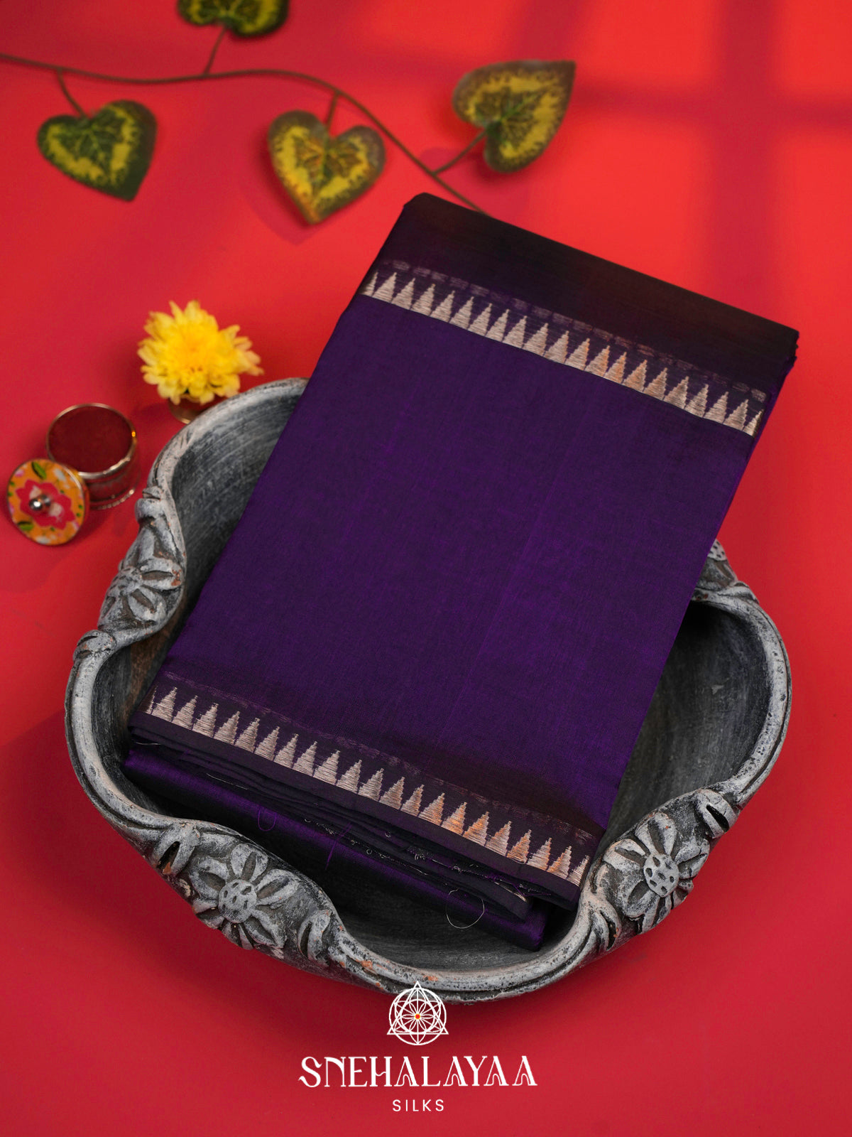 Royal Purple Mangalagiri Silk Cotton Saree with Temple Border