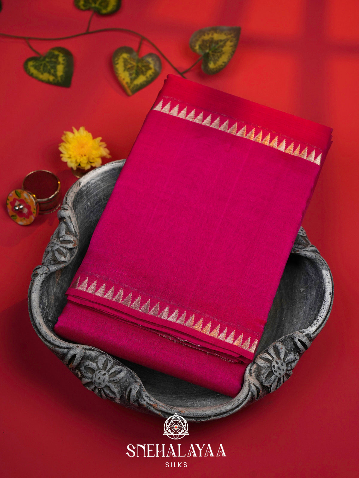 Rani Pink Mangalagiri Silk Cotton Saree with Temple Border