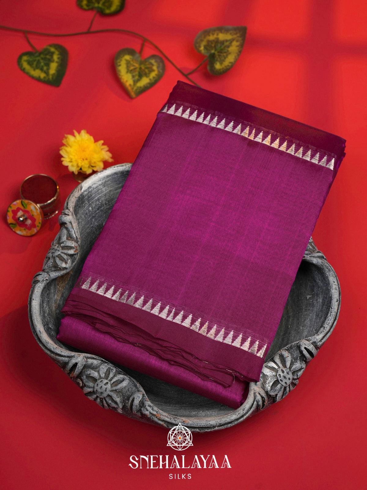 Magenta Mangalagiri Silk Cotton Saree with Temple Border