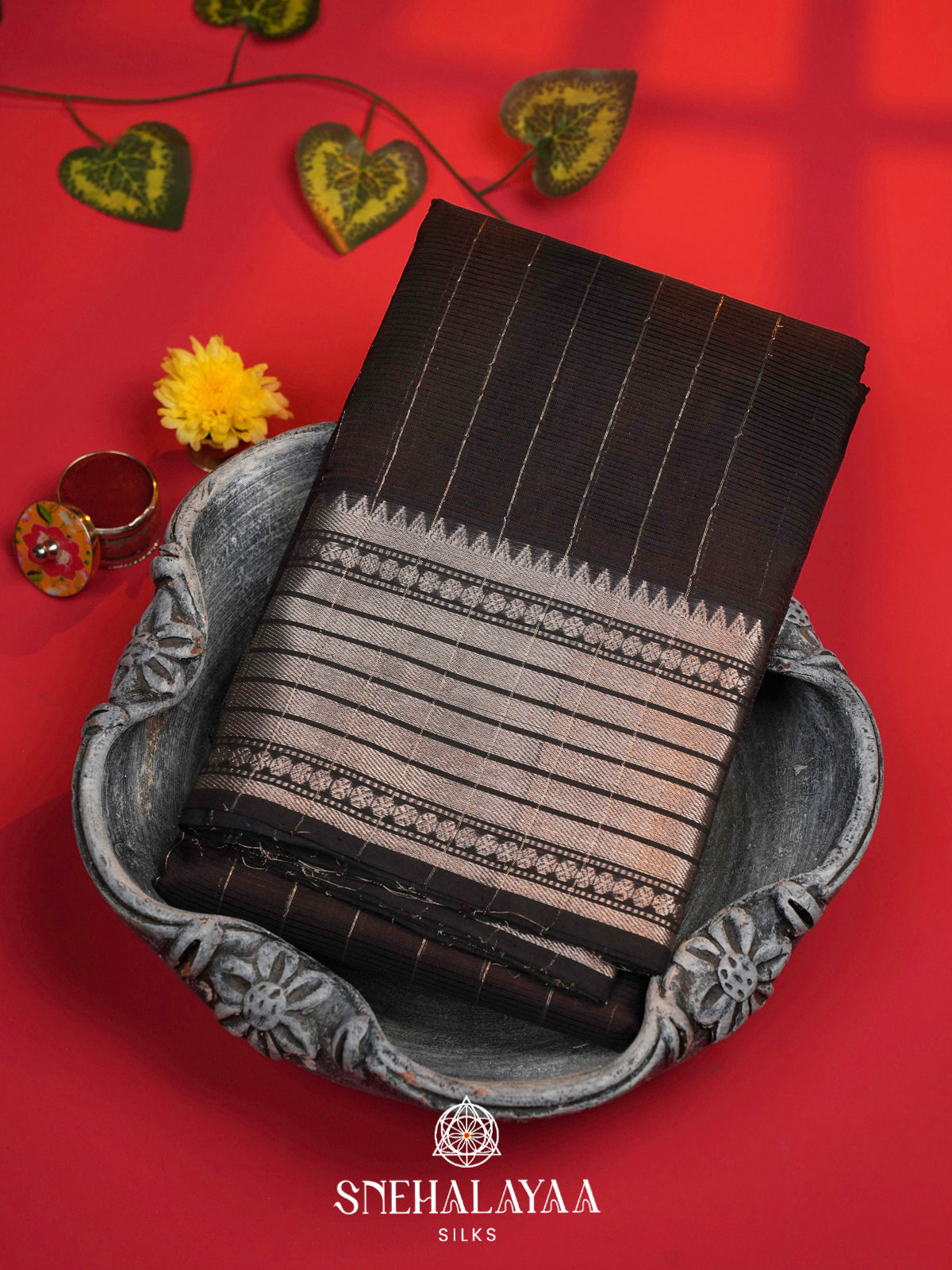 Dark Coffee Brown Mangalagiri Silk Cotton Saree with Silver Zari Border