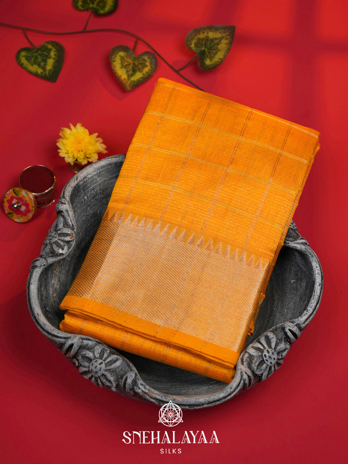 Mustard Yellow Mangalagiri Silk Cotton Saree with Zari Checks