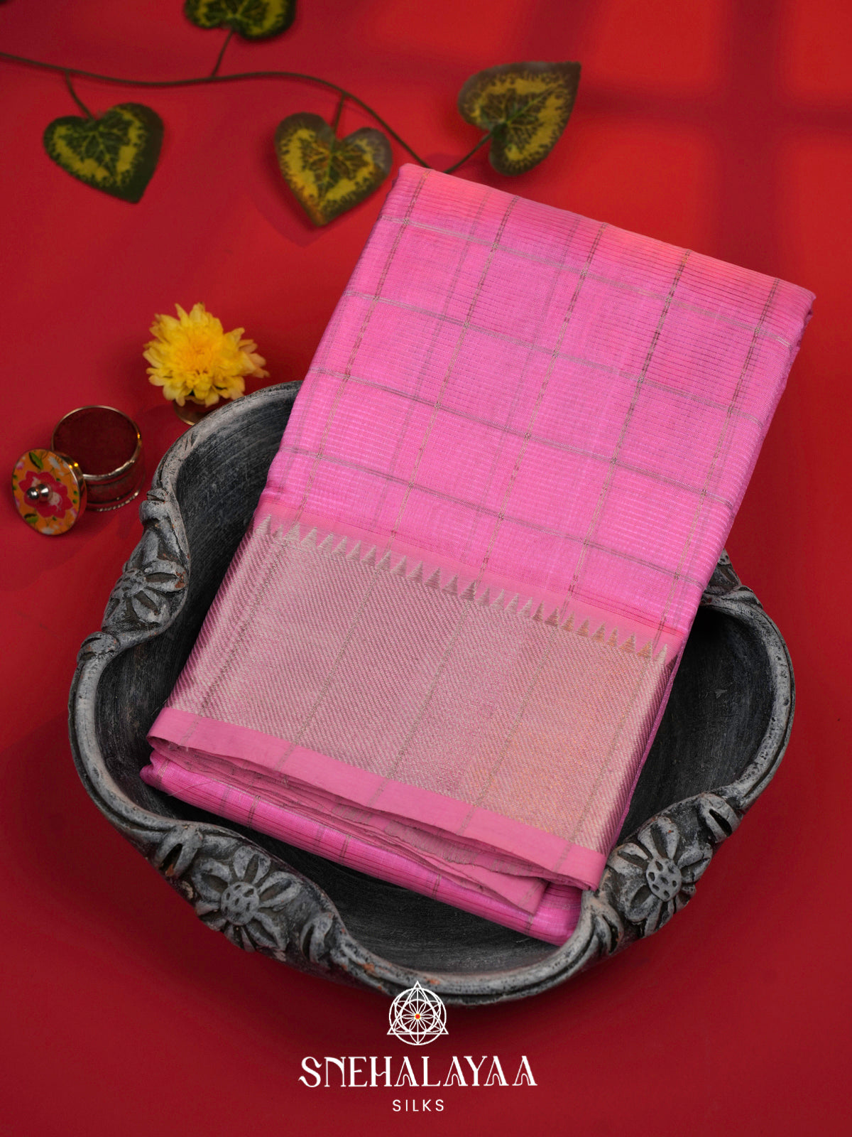 Baby Pink Mangalagiri Silk Cotton Saree with Zari Checks
