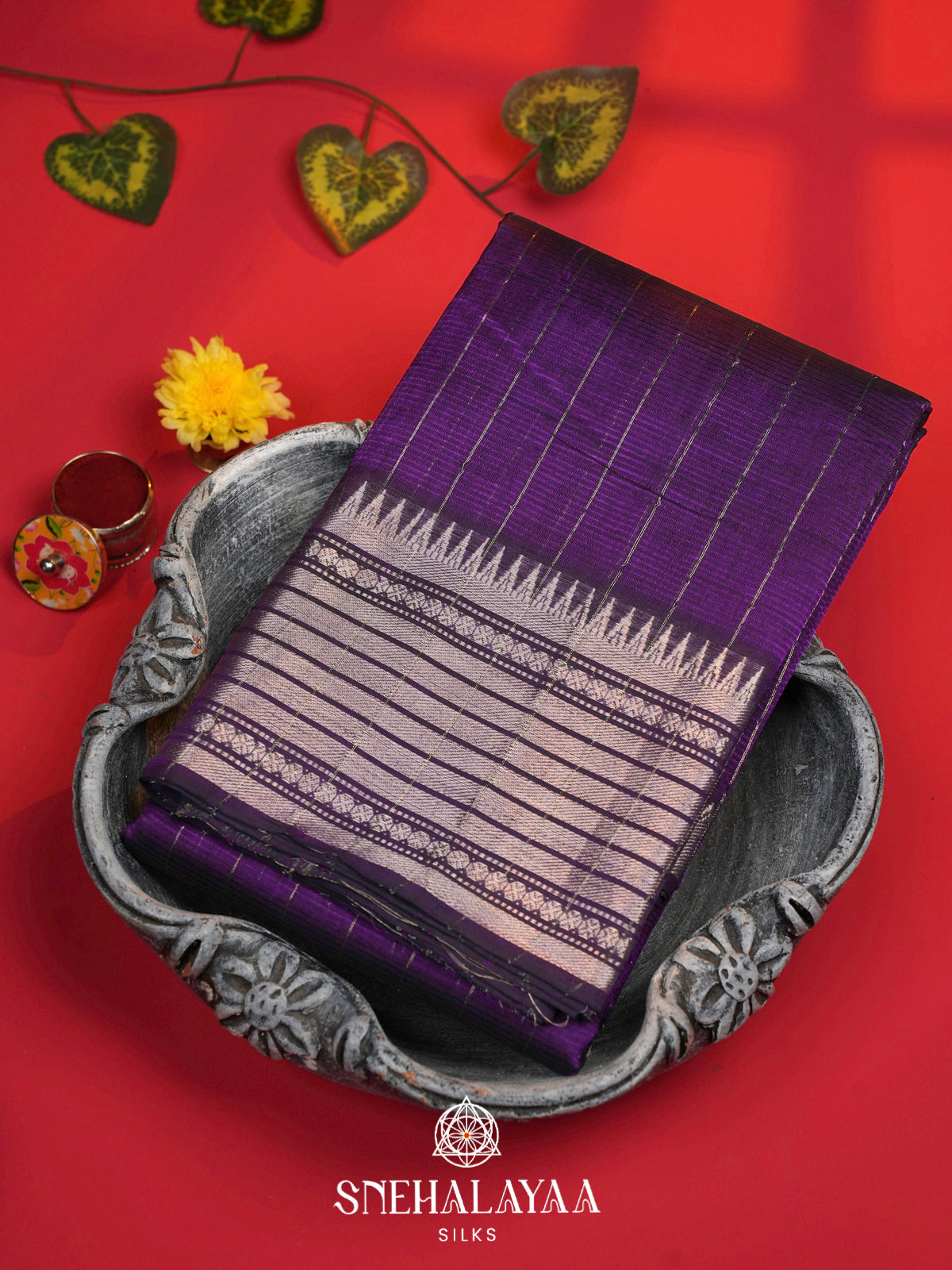 Royal Purple Mangalagiri Silk Cotton Saree with Silver Zari Stripes