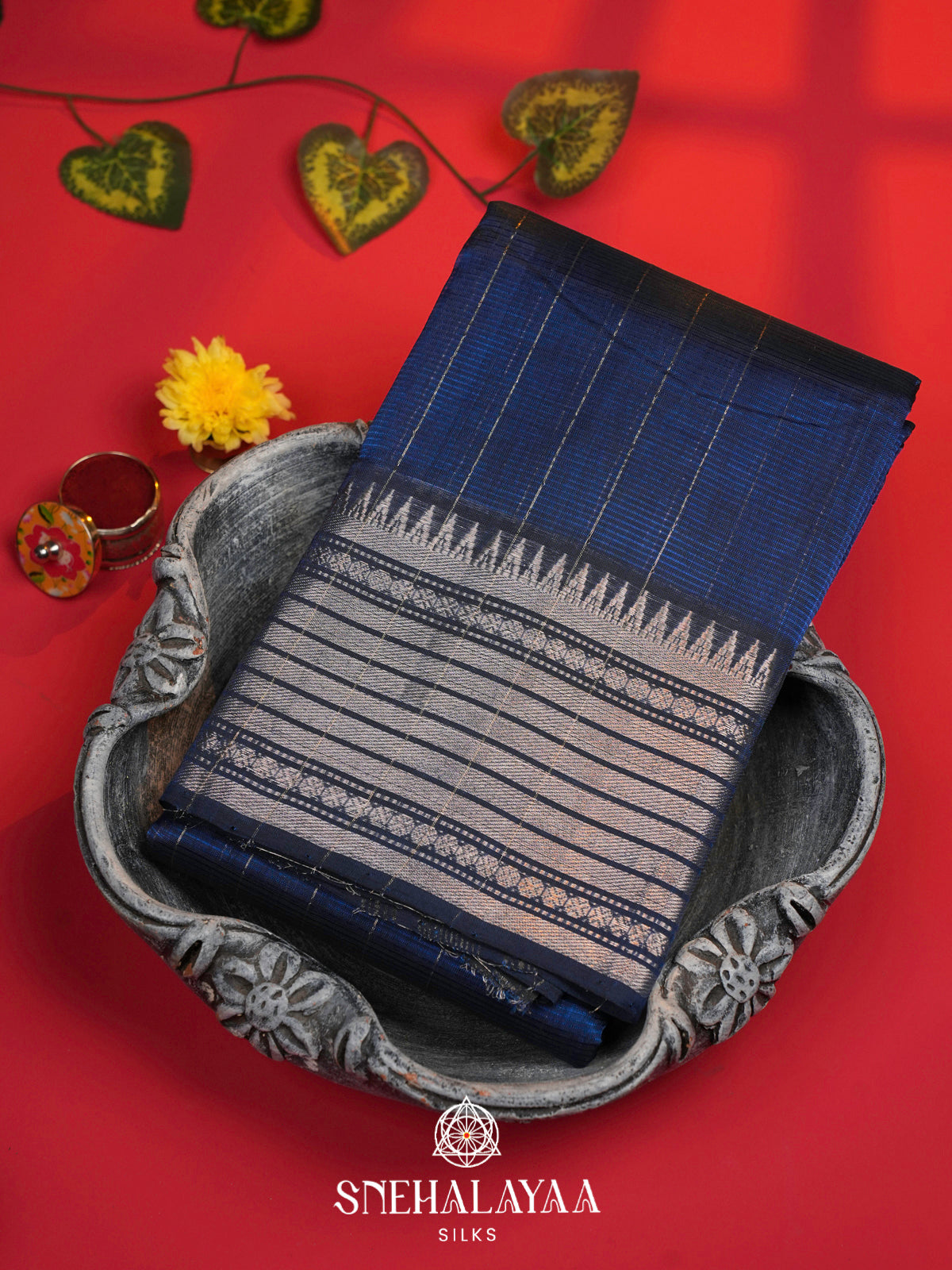 Blue Mangalagiri Silk Cotton Saree with Gold Zari Stripes