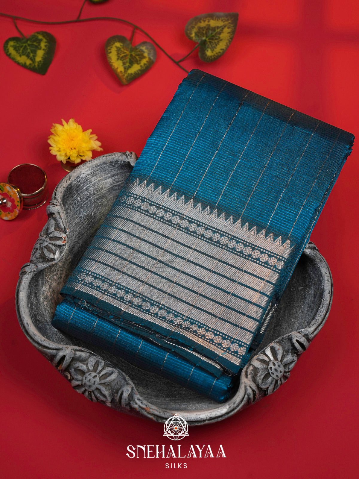 Peacock Blue Mangalagiri Silk Cotton Saree with Silver Zari Stripes