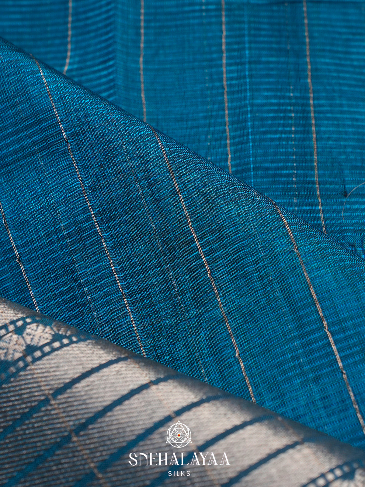 Peacock Blue Mangalagiri Silk Cotton Saree with Silver Zari Stripes