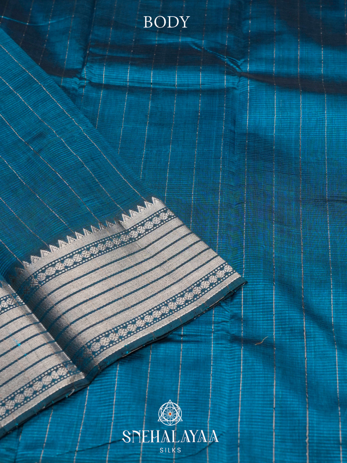 Peacock Blue Mangalagiri Silk Cotton Saree with Silver Zari Stripes