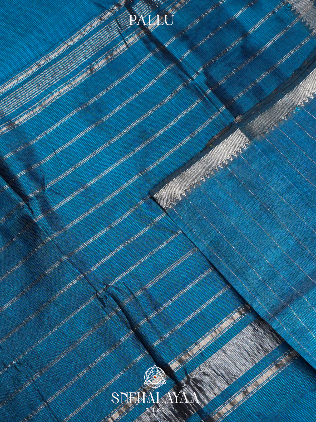 Peacock Blue Mangalagiri Silk Cotton Saree with Silver Zari Stripes