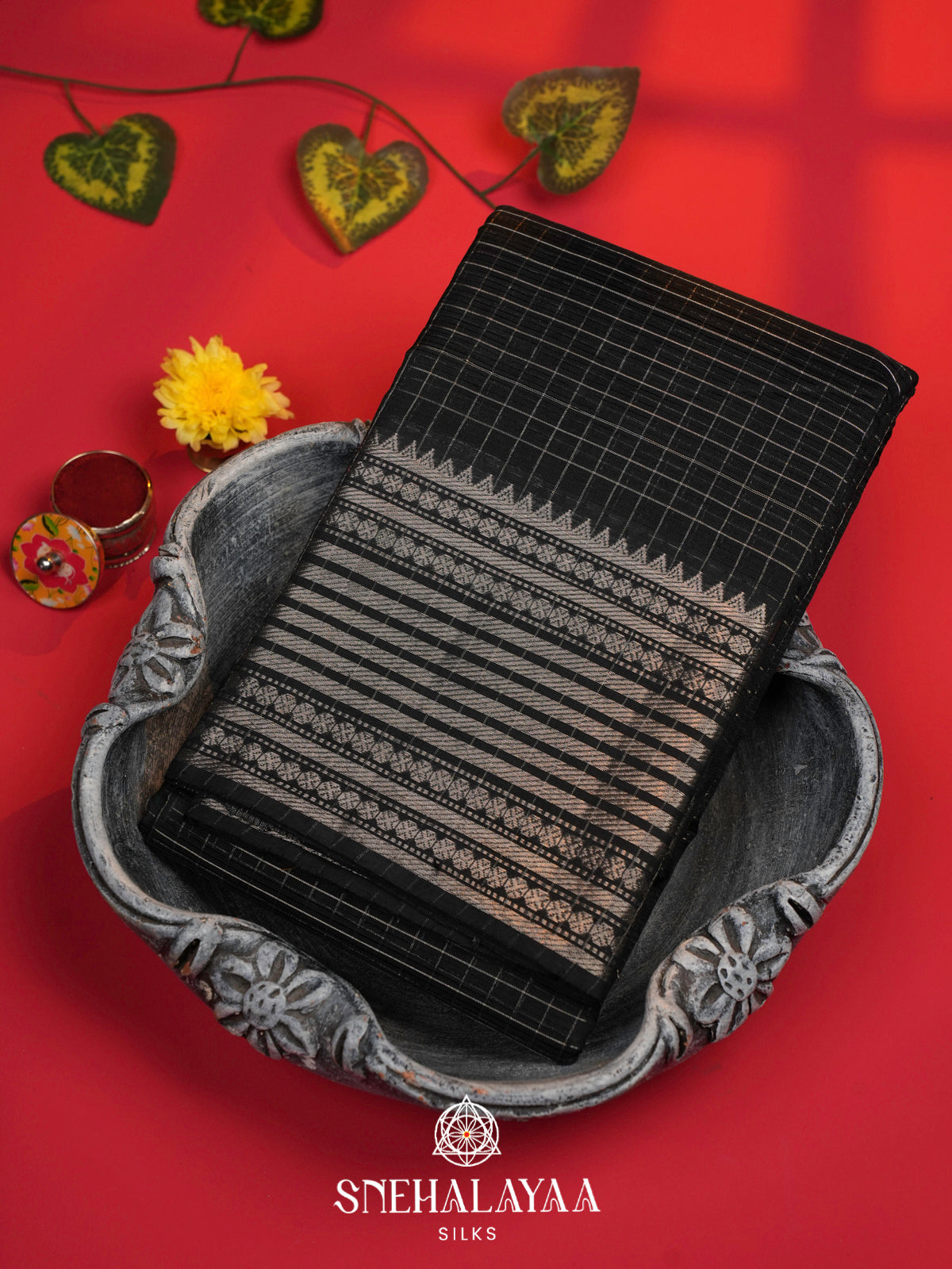Black Mangalagiri Silk Cotton Saree with Silver Zari Checks
