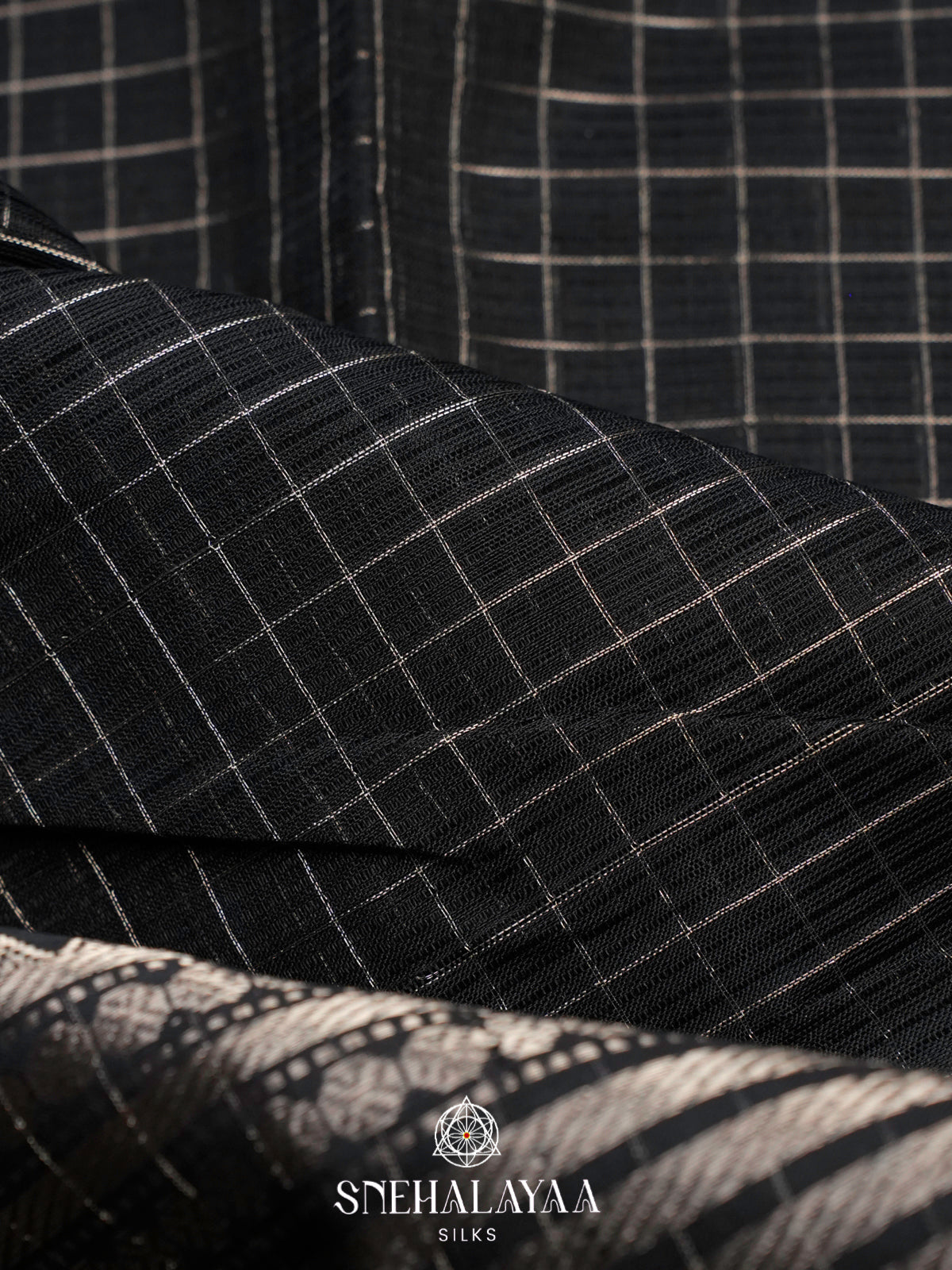 Black Mangalagiri Silk Cotton Saree with Silver Zari Checks