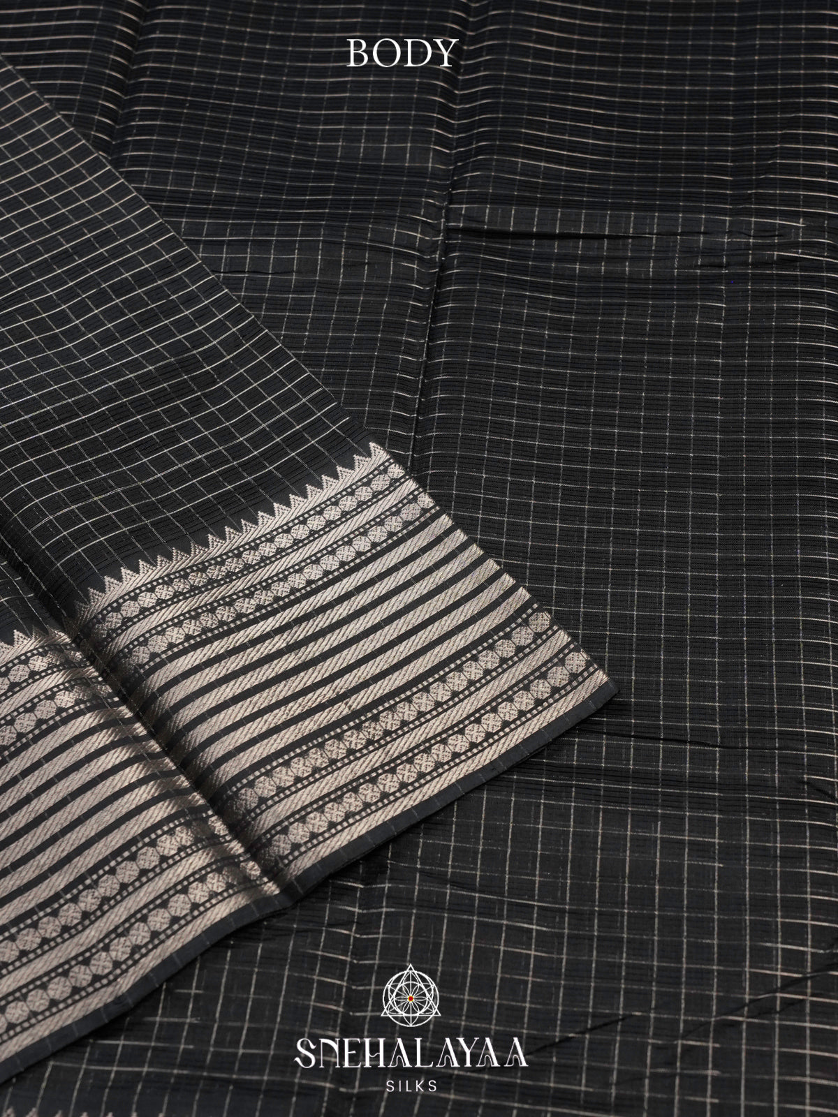 Black Mangalagiri Silk Cotton Saree with Silver Zari Checks