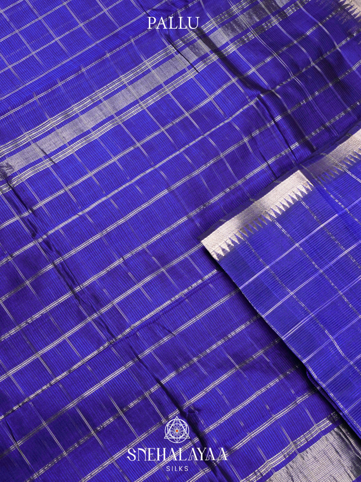 Royal Blue Mangalagiri Silk Cotton Saree with Silver Zari Checks