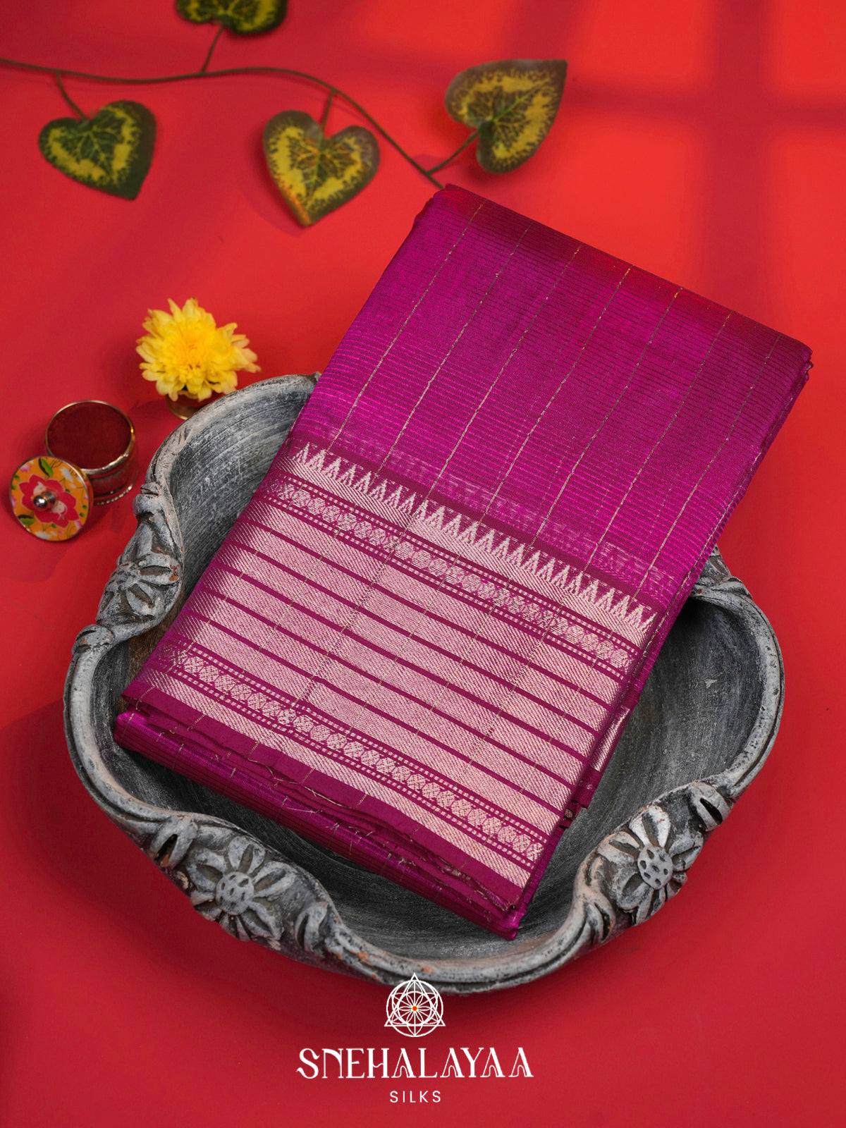 Magenta Mangalagiri Silk Cotton Saree with Silver Zari Stripes