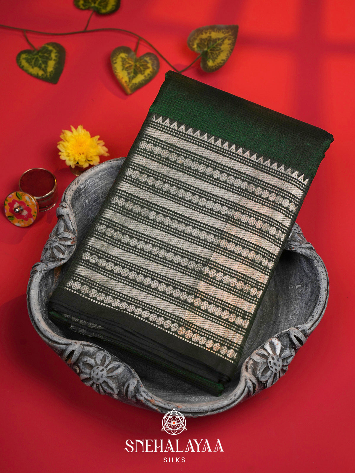 Emerald Green Mangalagiri Silk Cotton Saree with Silver Zari Border