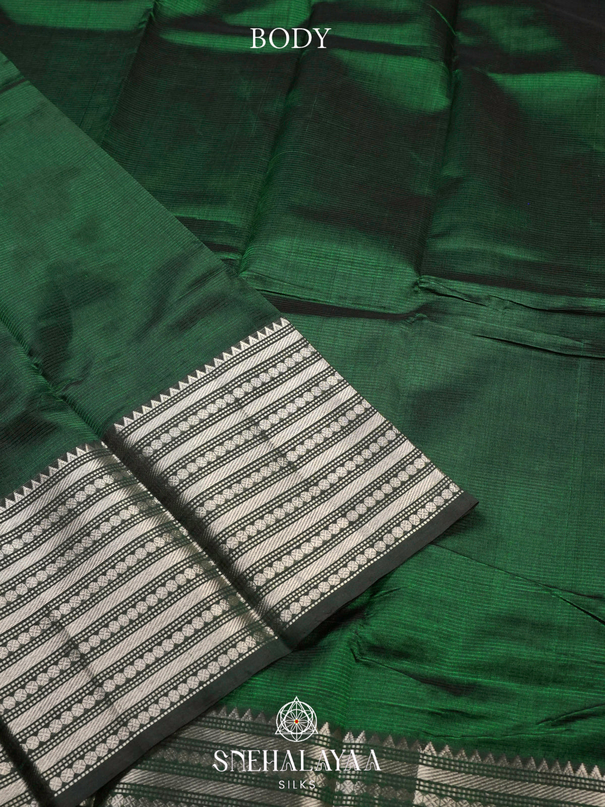 Emerald Green Mangalagiri Silk Cotton Saree with Silver Zari Border
