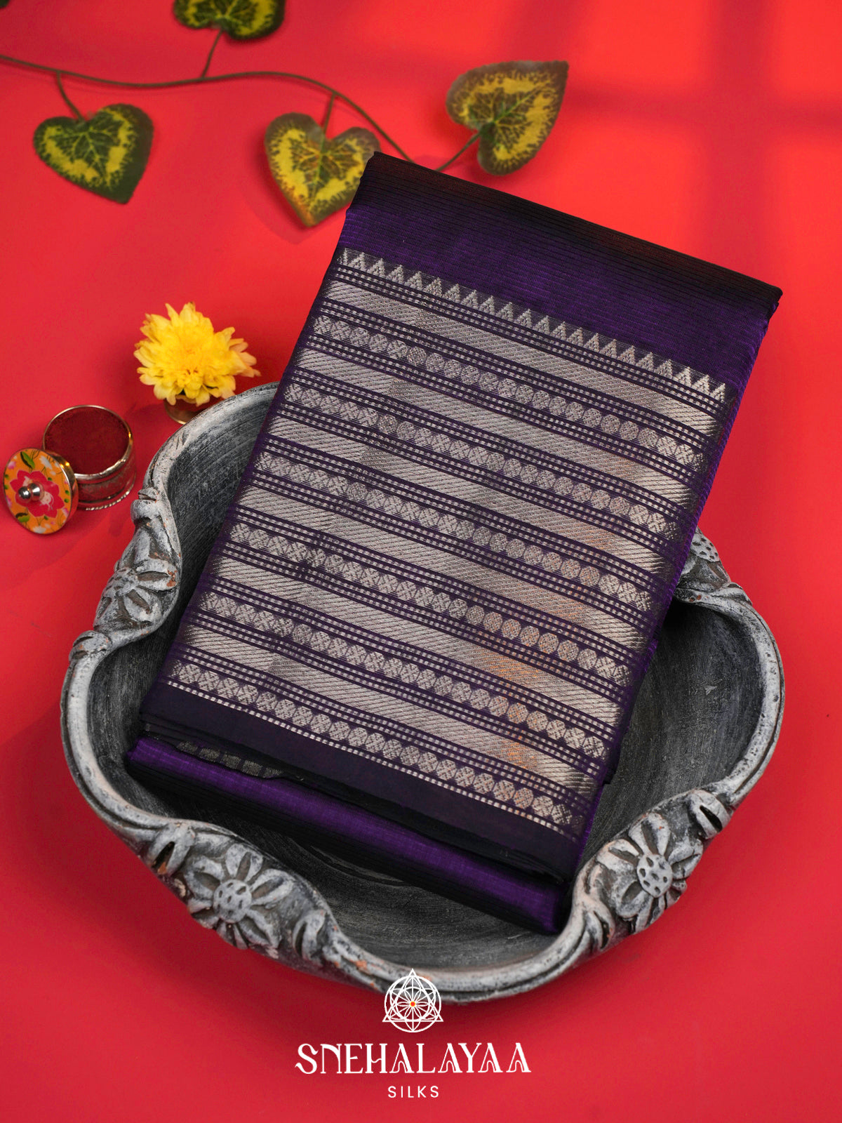 Purple Mangalagiri Silk Cotton Saree with Silver Zari Border